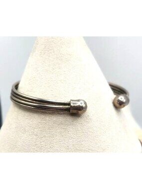Multi Layered Wire Cuff Bracelet With Ball Cap Ends - Silver Tone